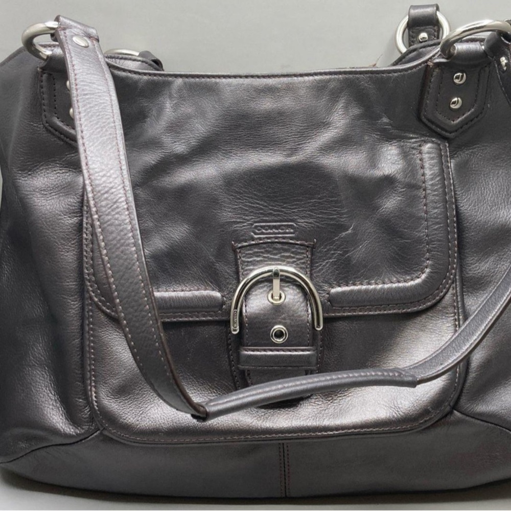 Coach Gunmetal Leather Shoulder Bag with Silver Hardware